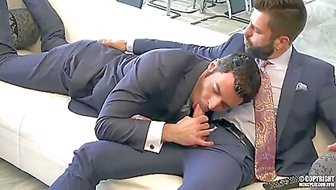 A guy rides a man's mouth and his body after his big cock