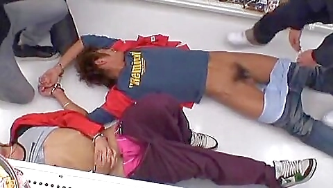 Japanese ladies in high heels and sexy tops share group sex