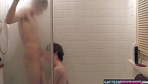 Brunette teen 18+ has fun in the shower and her deep throat sex