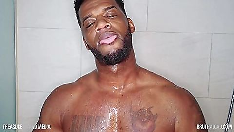 White man plays with shower rod and moves body around