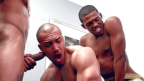 Two black women with tattoos get a deepthroat in a threesome